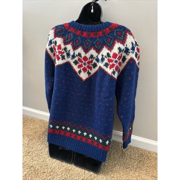 Vintage 1990 Eddie Bauer Sweater Medium 100% Wool Fair Isle Chunky Womens Blue - Picture 6 of 9